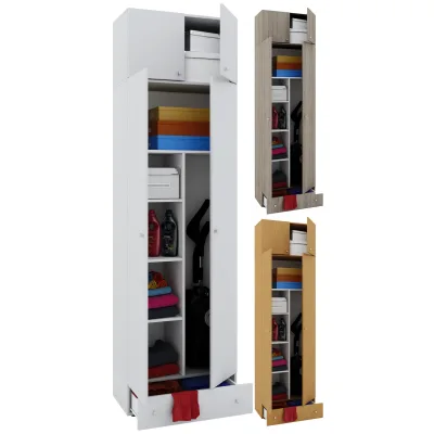 VCM Holz- Besenschrank   6 Fächer   Maße: B. 70 x H. 237 x T. 40 cm   Haushaltsschrank   Mehrzweckschrank   Aufsatz mit 2 Türen   Extra Schublade - Vandol