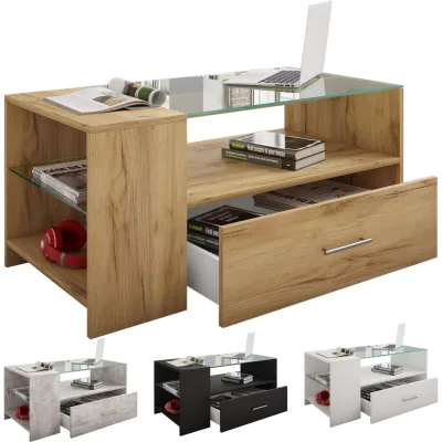 VCM Holz Couchtisch mit ESG-Sicherheitsglas   Sofatisch mit ausreichend Stauraum   Maße ca. H. 45 x B. 100 x T. 50 cm   Wohnzimmertisch mit Schublade - Tindala