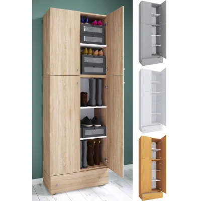 VCM Holz-Schuhschrank   Maße: H. 200 x B. 70 x T. 39 cm  Allzweckschrank   5 Fächer   4 Drehtüren   extra Schublade– Lona