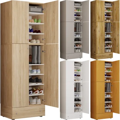 VCM Holz-Schuhschrank   Maße: H. 200 x B. 70 x T. 39 cm   Allzweckschrank   9 Fächer   4 Drehtüren   extra Schublade – Lona