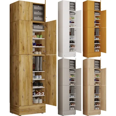 VCM Holz-Schuhschrank   Maße: H. 240 x B. 70 x T. 39 cm   Allzweckschrank   9 Fächer   4 Drehtüren   Aufsatz mit 2 Türen   extra Schublade – Lona