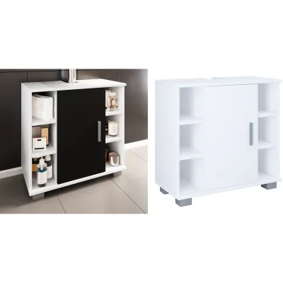 VCM Holz Waschbeckenunterschrank   Badschrank   Maße: H. 58 x B. 60 x T. 30 cm   1 Drehtür   2 Fächer   6 kleine offene Regalfächer - Zalo