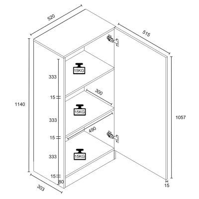VCM Mehrzweckschrank mit 1 Drehtür, H. 114 x B. 52 x T. 32 cm, Wohnzimmerschrank, Büroschrank und Aufbewahrungsschrank mit 3 Fächer - Dilos