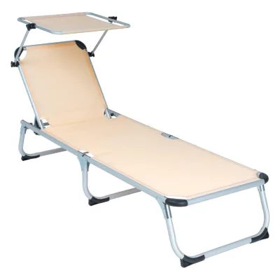 VCM Sonnenliege mit Sonnendach   Maße ca. 187x58x30cm   Campingliege klappbar   Strandliege   Beige