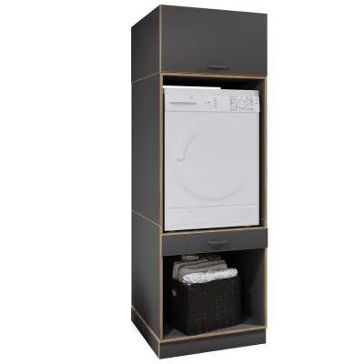 VCM Waschmaschinenschrank mit Unterschrank, Waschmaschinenumbau mit Stauraum hinter einer Klappe und einer Schublade, Maße: Überbauschrank H. 200 x B. 67 x T. 68 cm, Rislo OP