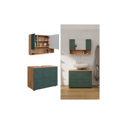 Vicco Badmöbel-Set Irma Eiche Grün 2-teilig Spiegelschrank Waschbeckenschrank 80 cm
