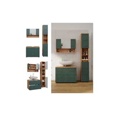 Vicco Badmöbel-Set Irma Eiche Grün 3-teilig Hochschrank Waschbeckenschrank 80 cm