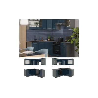 Vicco Eckküche Fame-Line Anthrazit Dunkelblau Hochglanz 160 x 190 cm mit Arbeitsplatte Weiß-Marmor