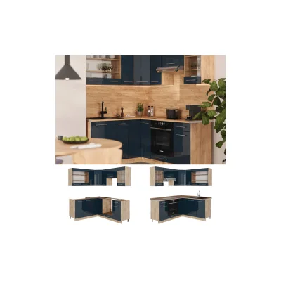 Vicco Eckküche Fame-Line Eiche Dunkelblau Hochglanz 160 x 190 cm mit Arbeitsplatte Anthrazit