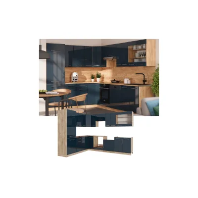Vicco Eckküche Fame-Line Eiche Dunkelblau Hochglanz 287x227 cm ohne Arbeitsplatte