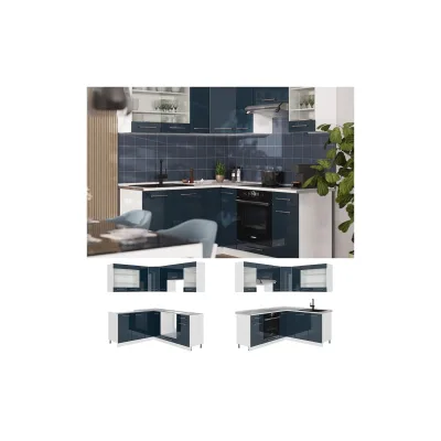 Vicco Eckküche Fame-Line Weiß Dunkelblau Hochglanz 160 x 190 cm mit Arbeitsplatte Weiß-Marmor