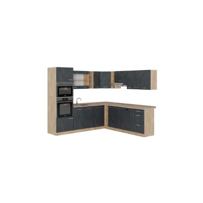 Vicco Eckküche R-Line 247x237 cm Schwarz Beton Eiche mit Arbeitsplatte Eiche