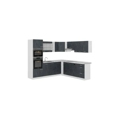 Vicco Eckküche R-Line 247x237 cm Schwarz Beton Weiß mit Arbeitsplatte Eiche
