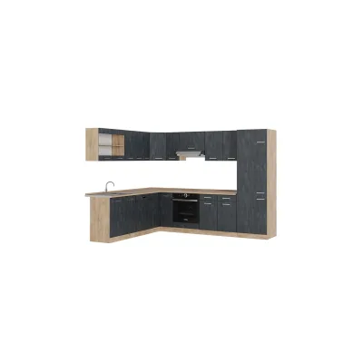 Vicco Eckküche R-Line 287x227 cm Schwarz Beton Eiche mit Arbeitsplatte Eiche