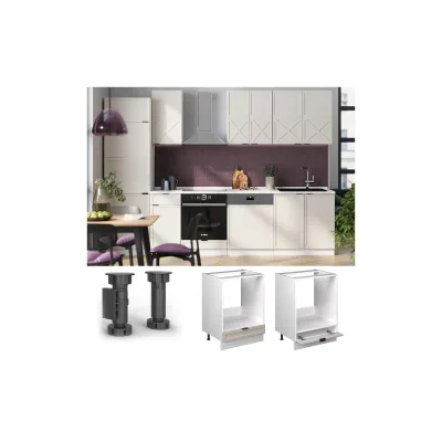 Vicco Herdumbauschrank Fame-Line Weiß Grau-Beige gerahmt 60 cm mit Arbeitsplatte Eiche