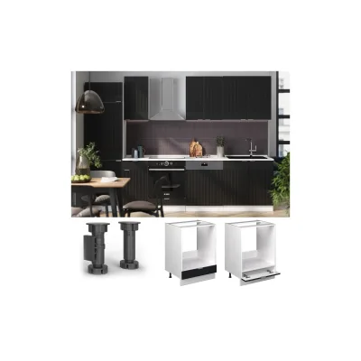 Vicco Herdumbauschrank Fame-Line Weiß Schwarz gestreift 60 cm mit Arbeitsplatte Anthrazit