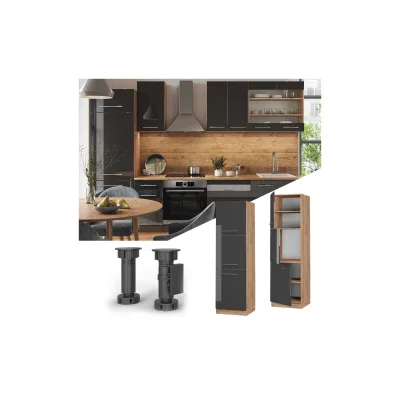 Vicco Herdumbauschrank Küchenschrank Küchenmöbel Fame-Line Eiche Anthrazit 60 cm modern Hochglanz Küche Einbauküche Blende Herdschrank Hochschrank Küchenzeile Drehtür Einlegeboden