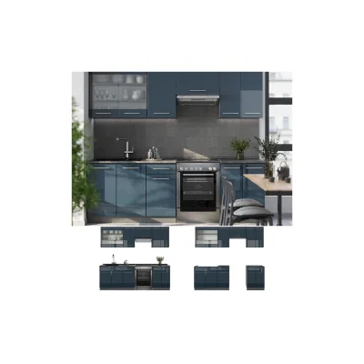 Vicco Küchenzeile Fame-Line Anthrazit Dunkelblau Hochglanz 240 cm mit Arbeitsplatte Anthrazit