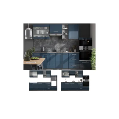 Vicco Küchenzeile Fame-Line Anthrazit Dunkelblau Hochglanz 280 cm mit Arbeitsplatte Eiche