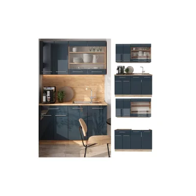 Vicco Küchenzeile Fame-Line Eiche Dunkelblau Hochglanz 140 cm mit Arbeitsplatte Anthrazit