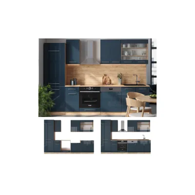Vicco Küchenzeile Fame-Line Eiche Dunkelblau Hochglanz 300 cm mit Arbeitsplatte Anthrazit