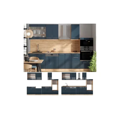 Vicco Küchenzeile Fame-Line Eiche Dunkelblau Hochglanz 300 cm mit Arbeitsplatte Eiche