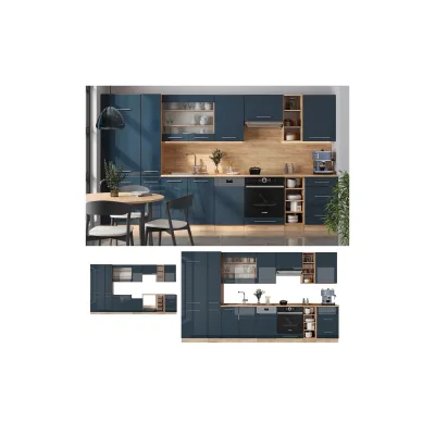 Vicco Küchenzeile Fame-Line Eiche Dunkelblau Hochglanz 355 cm mit Arbeitsplatte Anthrazit
