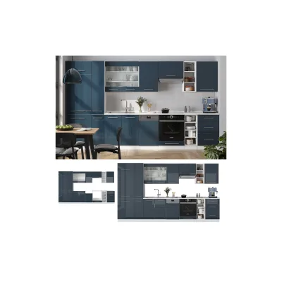 Vicco Küchenzeile Fame-Line Weiß Dunkelblau Hochglanz 355 cm mit Arbeitsplatte Anthrazit