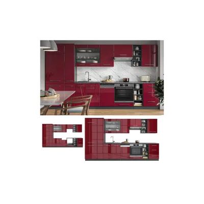Vicco Küchenzeile Küchenblock Einbauküche 355cm Fame-Line Bordeaux Hochglanz