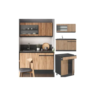 Vicco Küchenzeile Küchenblock Einbauküche R-Line J-Shape Anthrazit Eiche 140 cm modern Küchenschränke Küchenmöbel