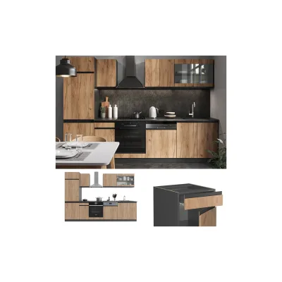 Vicco Küchenzeile Küchenblock Einbauküche R-Line J-Shape Anthrazit Eiche 300 cm modern Küchenschränke Küchenmöbel
