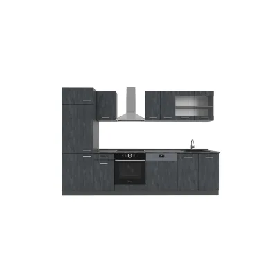 Vicco Küchenzeile R-Line 300 cm Schwarz Beton Anthrazit mit Arbeitsplatte Eiche