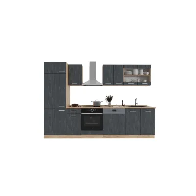 Vicco Küchenzeile R-Line 300 cm Schwarz Beton Eiche mit Arbeitsplatte Weiß-Marmor