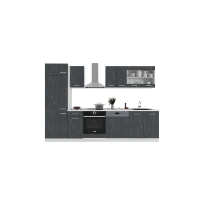 Vicco Küchenzeile R-Line 300 cm Schwarz Beton Weiß mit Arbeitsplatte Eiche