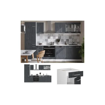Vicco Küchenzeile R-Line 300 cm Schwarz Beton Weiß ohne Arbeitsplatte