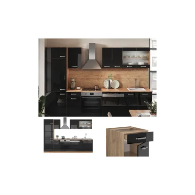 Vicco Küchenzeile R-Line Solid Eiche Schwarz 300 cm modern Küchenschränke Küchenmöbel