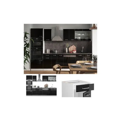 Vicco Küchenzeile R-Line Solid Weiß Schwarz 300 cm Arbeitsplatte modern Küchenschränke Küchenmöbel