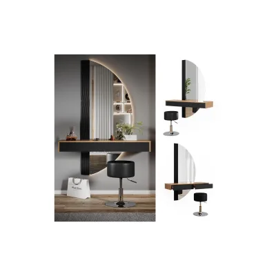 Vicco Schminktisch Melisa Eiche Schwarz 120 cm mit Beleuchtung und Hocker