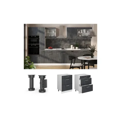 Vicco Schubladenunterschrank R-Line Schwarz Beton Weiß 60 cm mit Arbeitsplatte Weiß-Marmor