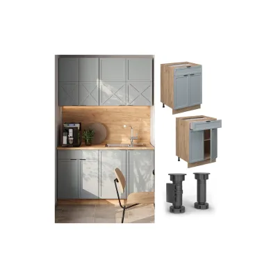 Vicco Schubunterschrank Fame-Line Eiche Hellblau-Grau gerahmt 60 cm mit Arbeitsplatte Marmor-Weiß