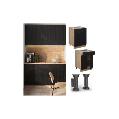 Vicco Schubunterschrank Fame-Line Eiche Schwarz gestreift 60 cm mit Arbeitsplatte Marmor-Weiß