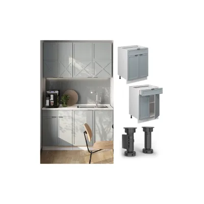 Vicco Schubunterschrank Fame-Line Weiß Hellblau-Grau gerahmt 60 cm mit Arbeitsplatte Eiche