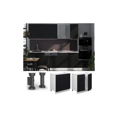 Vicco Spülenunterschrank Fame-Line Weiß Schwarz gestreift 80 cm mit Arbeitsplatte Eiche