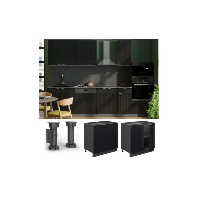 Vicco Unterschrank Fame-Line Anthrazit Schwarz gestreift 80 cm mit Arbeitsplatte Eiche