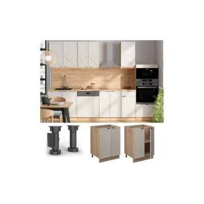 Vicco Unterschrank Fame-Line Eiche Grau-Beige gerahmt 60 cm mit Arbeitsplatte Marmor-Weiß