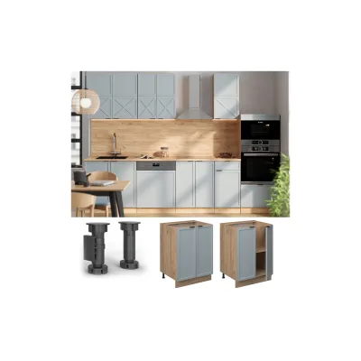 Vicco Unterschrank Fame-Line Eiche Hellblau-Grau gerahmt 60 cm mit Arbeitsplatte Marmor-Weiß