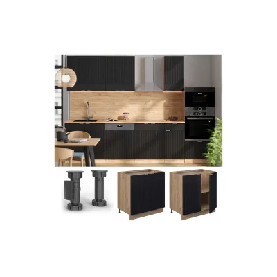 Vicco Unterschrank Fame-Line Eiche Schwarz gestreift 80 cm mit Arbeitsplatte Eiche
