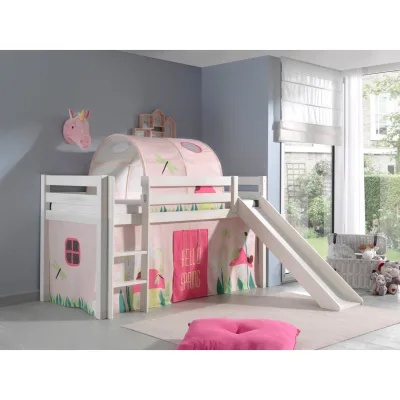 Vipack Spielbett Pino inkl. Rutsche, Kiefer massiv weiß mit Vorhang und Tunnel - Dessin Spring