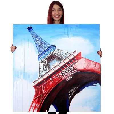Wandbild Eiffelturm Tricolore, 100% handgemaltes Ölgemälde Gemälde XL, 100x100cm