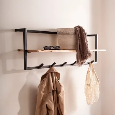 Wandgarderobe Akazie Massivholz 100cm Hängegarderobe Baumkante Industrial Modern